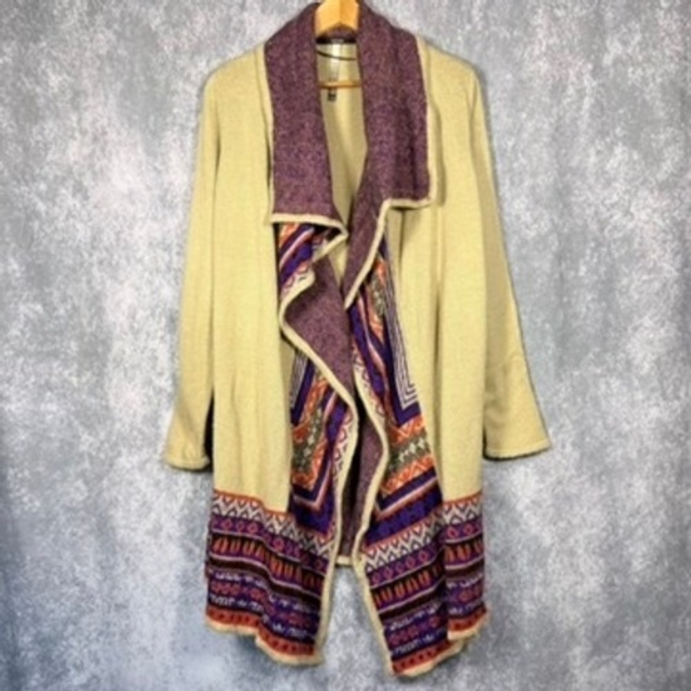 Kensie Cardigan Women L Tan Purple Fair Isle Elbow Patch Open Front Sweater